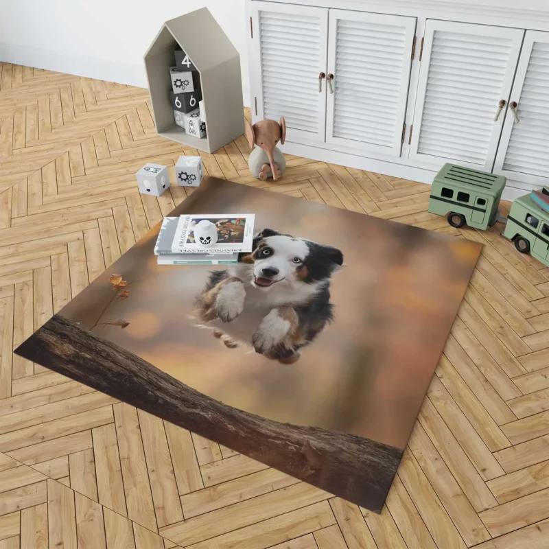 Jumping Canine over a Log with Depth Of Field: Australian Shepherd Floor Rug 1