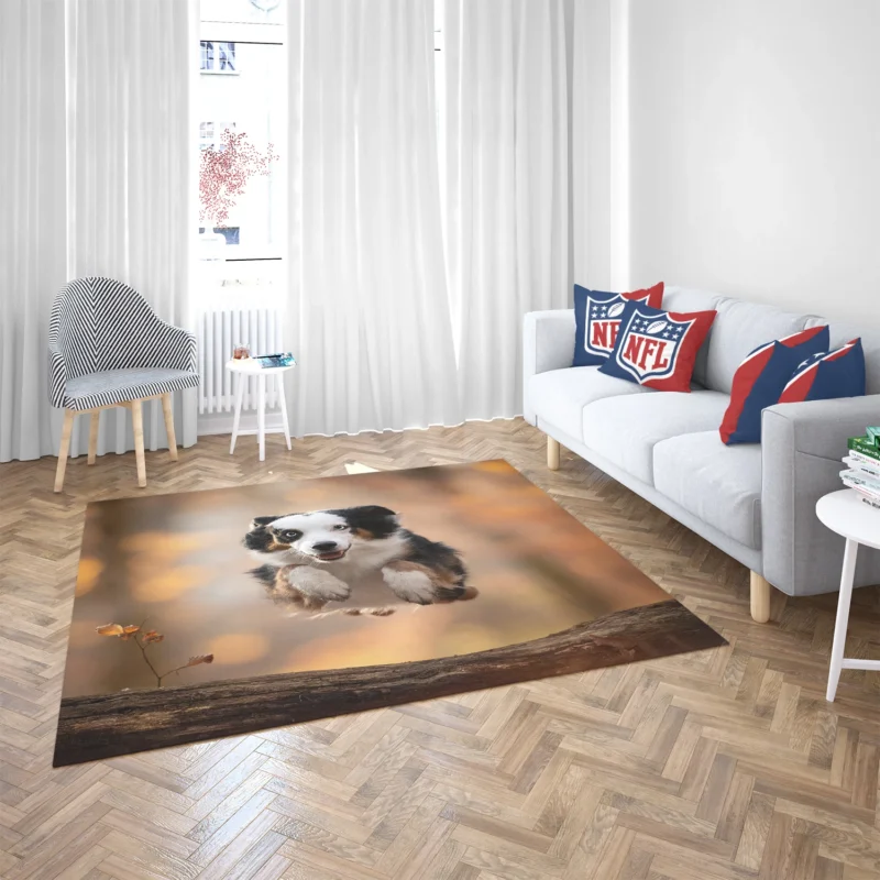 Jumping Canine over a Log with Depth Of Field: Australian Shepherd Floor Rug 2