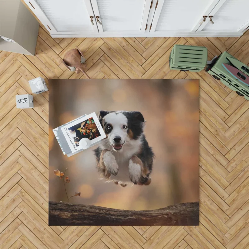 Jumping Canine over a Log with Depth Of Field: Australian Shepherd Floor Rug