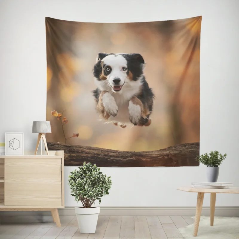 Jumping Canine over a Log with Depth Of Field  Australian Shepherd Wall Tapestry