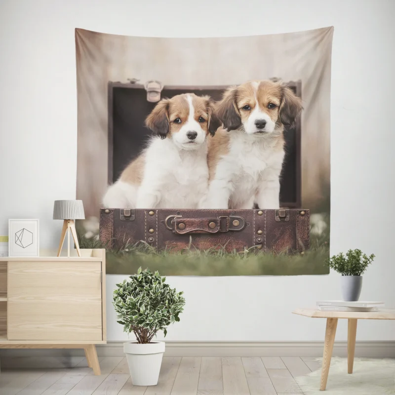 Kooikerhondje Quartet  Puppies in a Vintage Suitcase Wall Tapestry