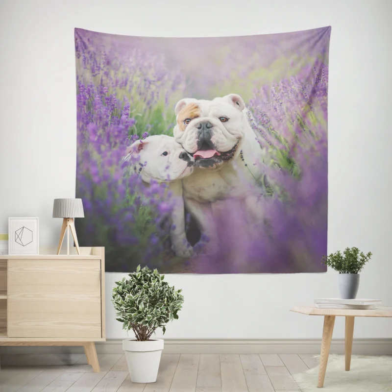 Lavender Dreams with Puppies  Bulldog Quartet Wall Tapestry