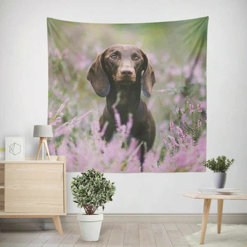 Lavender and Pink Flowers  Dachshund Quartet Wall Tapestry