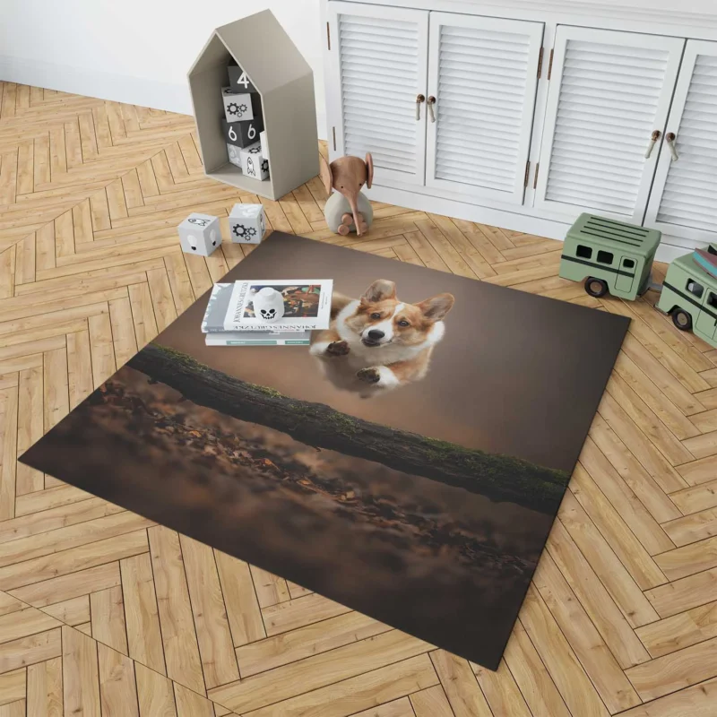 Leaping Corgi Over a Log Quartet Floor Rug 1