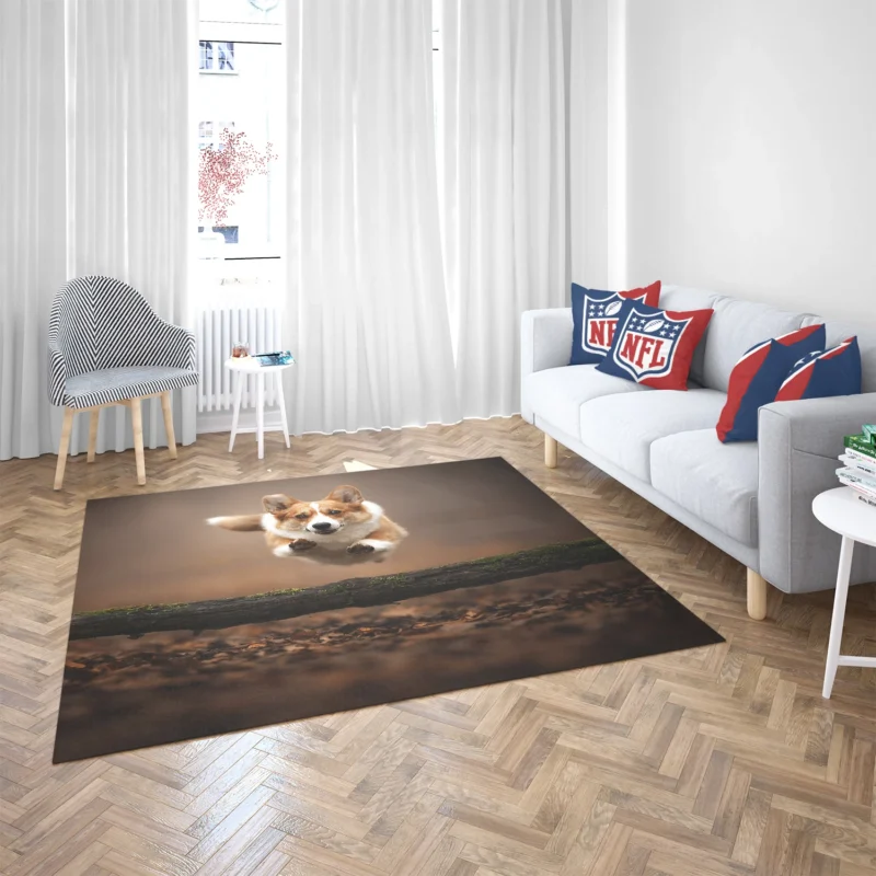 Leaping Corgi Over a Log Quartet Floor Rug 2