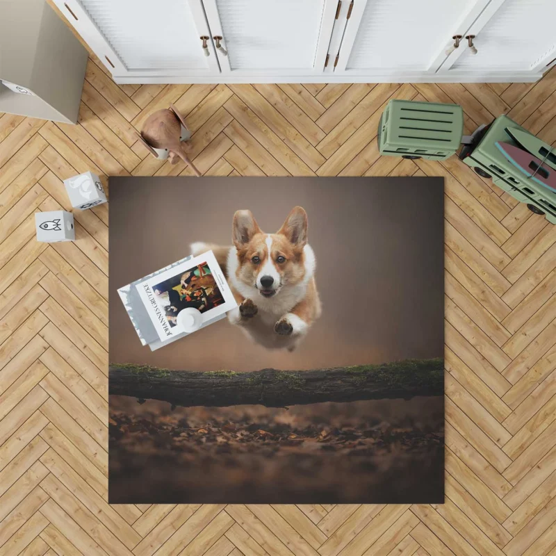 Leaping Corgi Over a Log Quartet Floor Rug