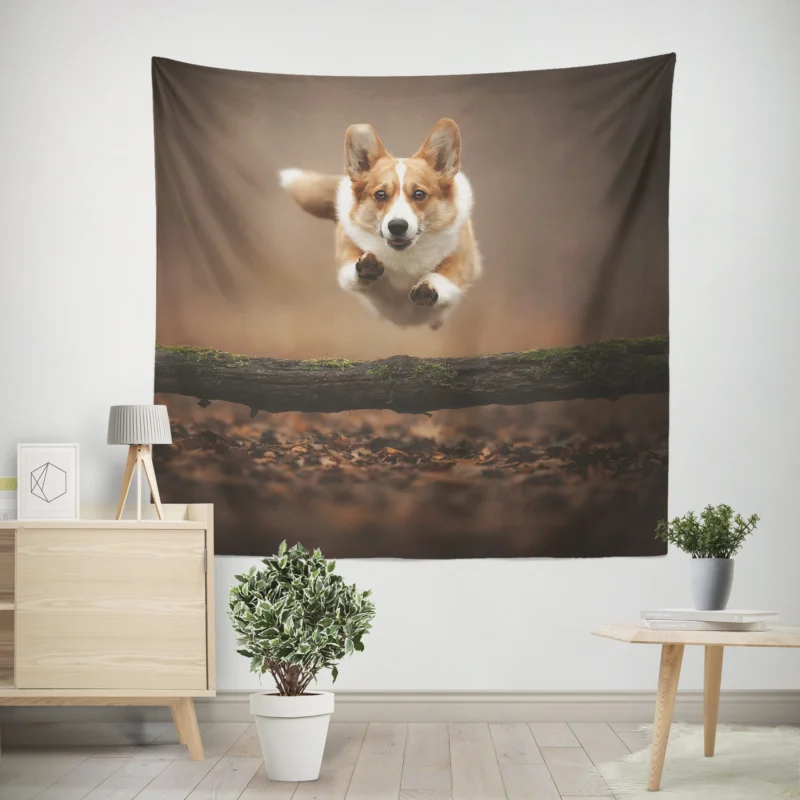 Leaping Corgi Over a Log Quartet Wall Tapestry