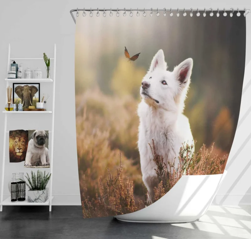 Muzzles and Butterflies: White Shepherd Quartet Shower Curtain