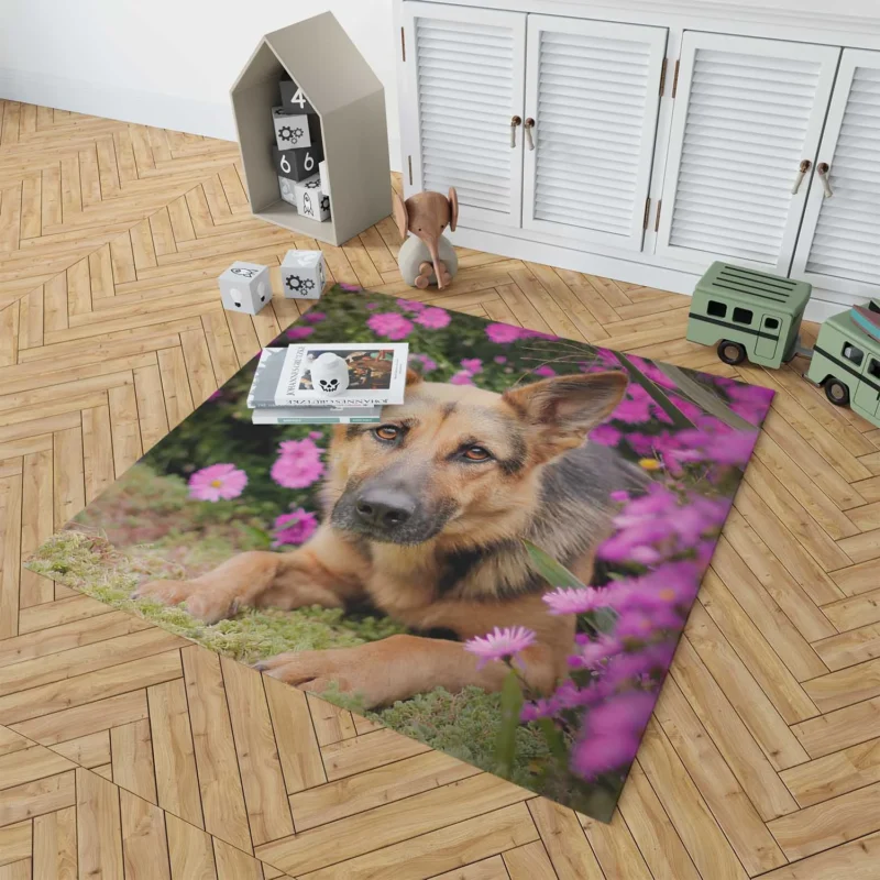 Pink Daisy Beauty: German Shepherd Puppies Floor Rug 1