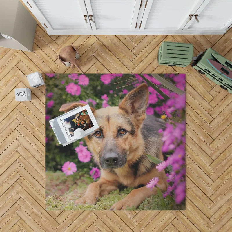 Pink Daisy Beauty: German Shepherd Puppies Floor Rug