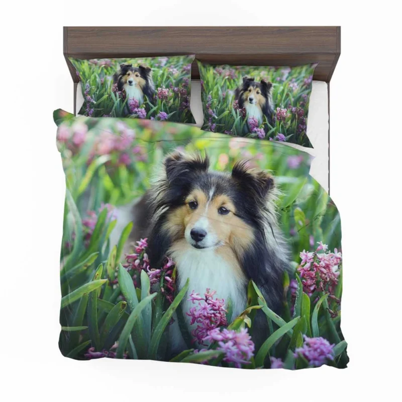 Pink Floral Splendor: Shetland Sheepdog Quartet Bedding Set 1