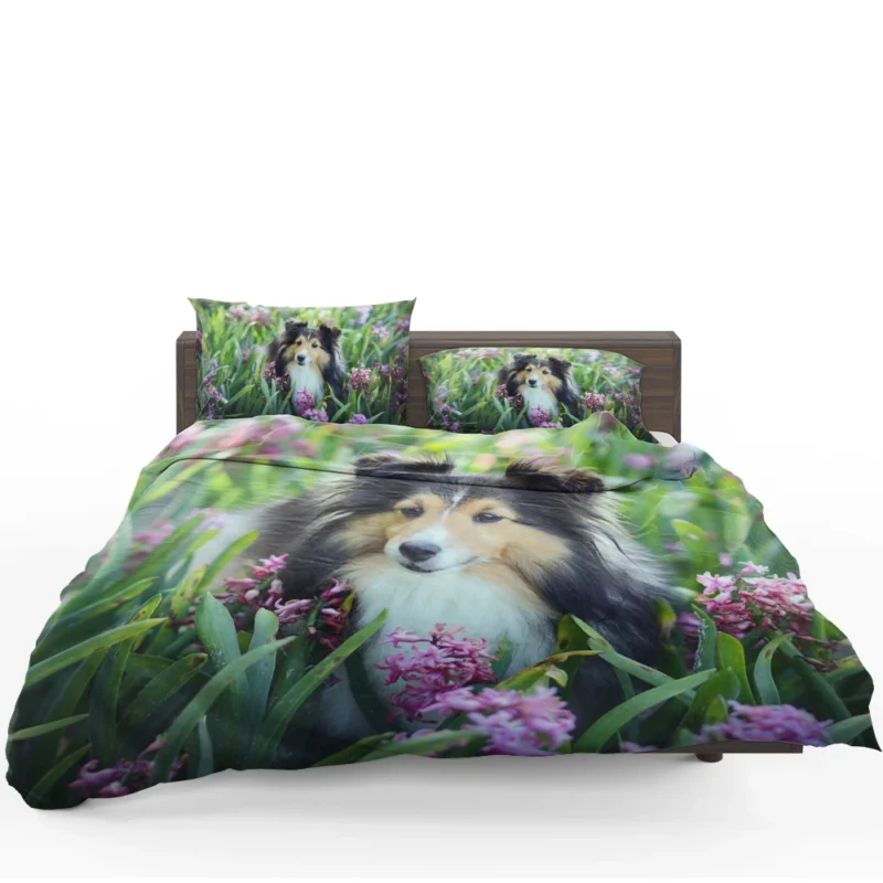 Pink Floral Splendor: Shetland Sheepdog Quartet Bedding Set