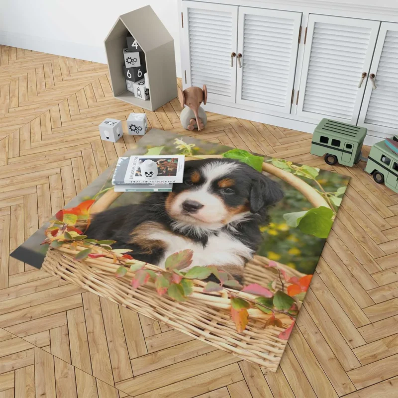 Playful Bernese Charm with Ba Pups: Bernese Mountain Dog Floor Rug 1