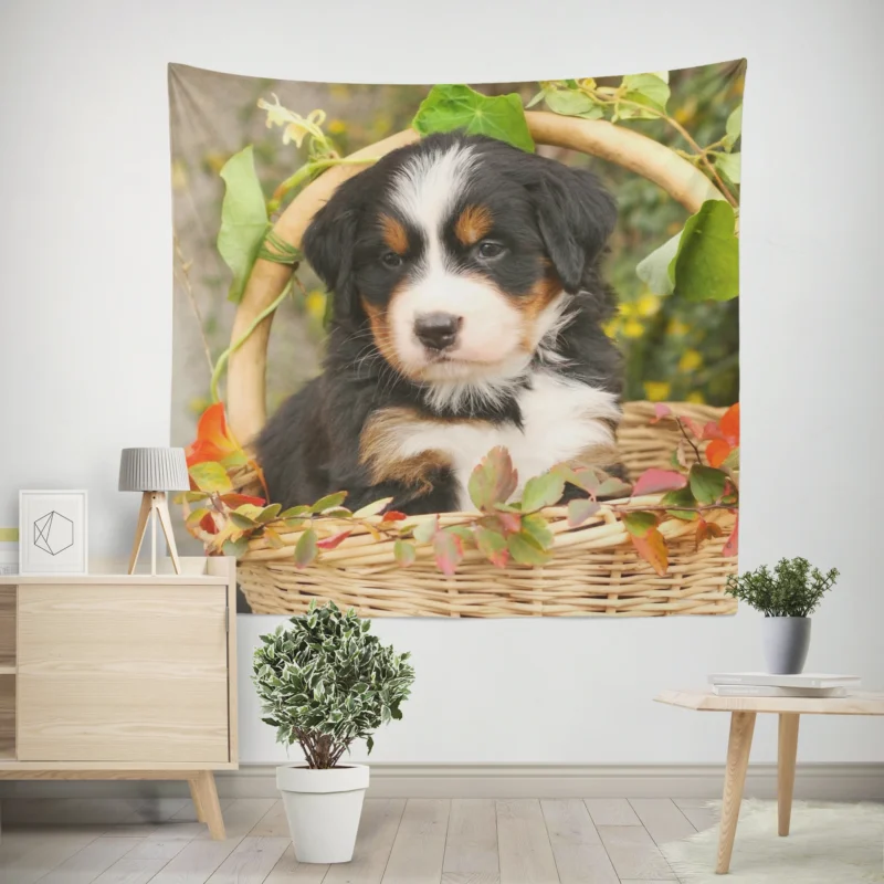 Playful Bernese Charm with Ba Pups  Bernese Mountain Dog Wall Tapestry