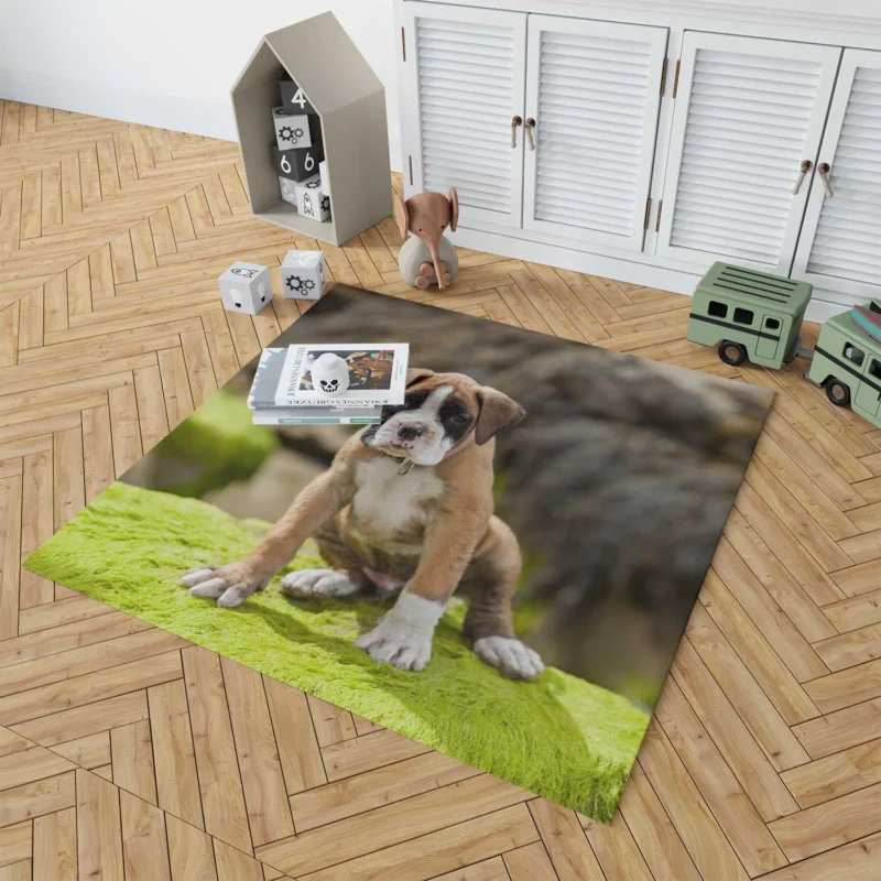 Playful Boxer Puppy with Moss and Muzzle: Boxer Floor Rug 1