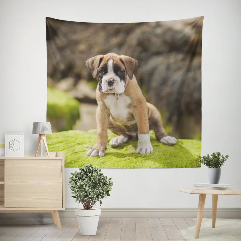 Playful Boxer Puppy with Moss and Muzzle  Boxer Wall Tapestry