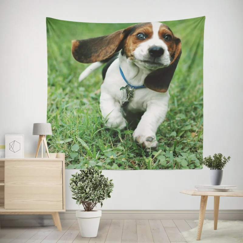 Playful Pups in Action  Basset Hound Puppy Wall Tapestry