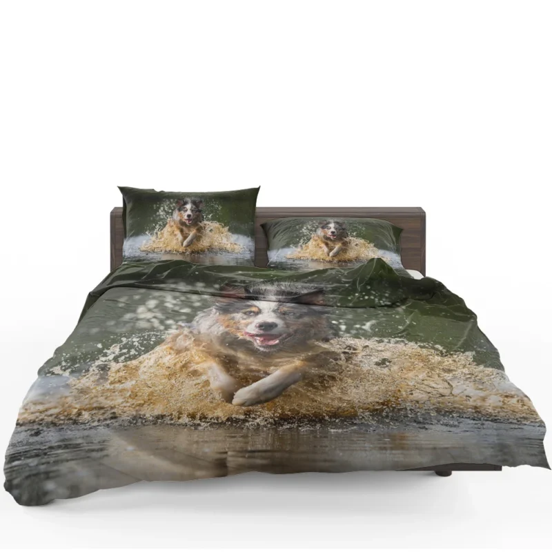 Playful Splash in the Water: Australian Shepherd Bedding Set