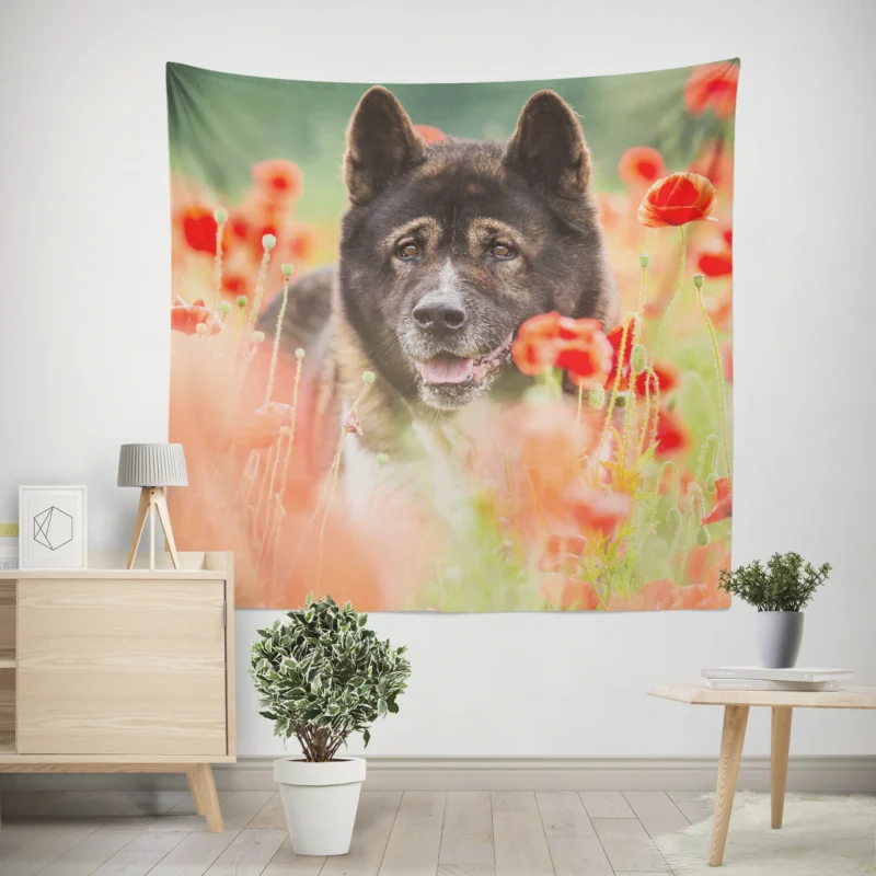 Poppy Perfection  A Red Summer with Akita Quartet Wall Tapestry