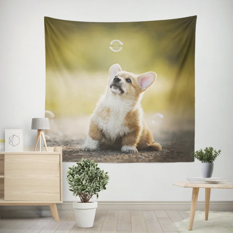 Puppies Surrounded by Bubbles  Corgi Quartet Wall Tapestry