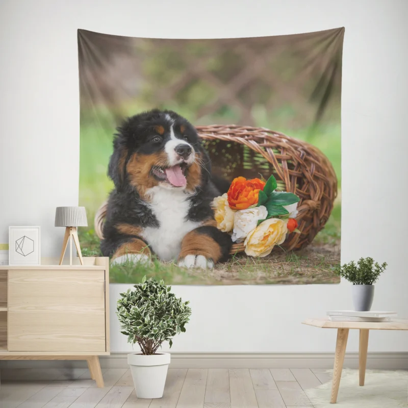 Puppy Cuteness with Bernese Ba  Bernese Mountain Dog Wall Tapestry