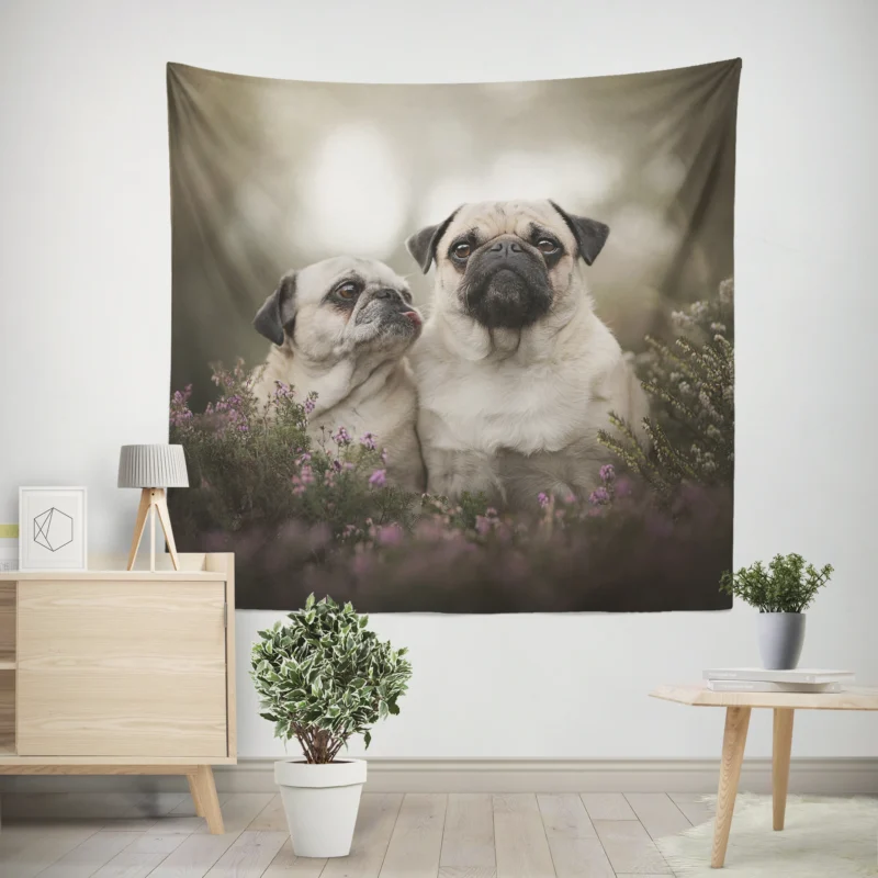 Puppy Muzzle and Bauble  Pug Quartet Wall Tapestry