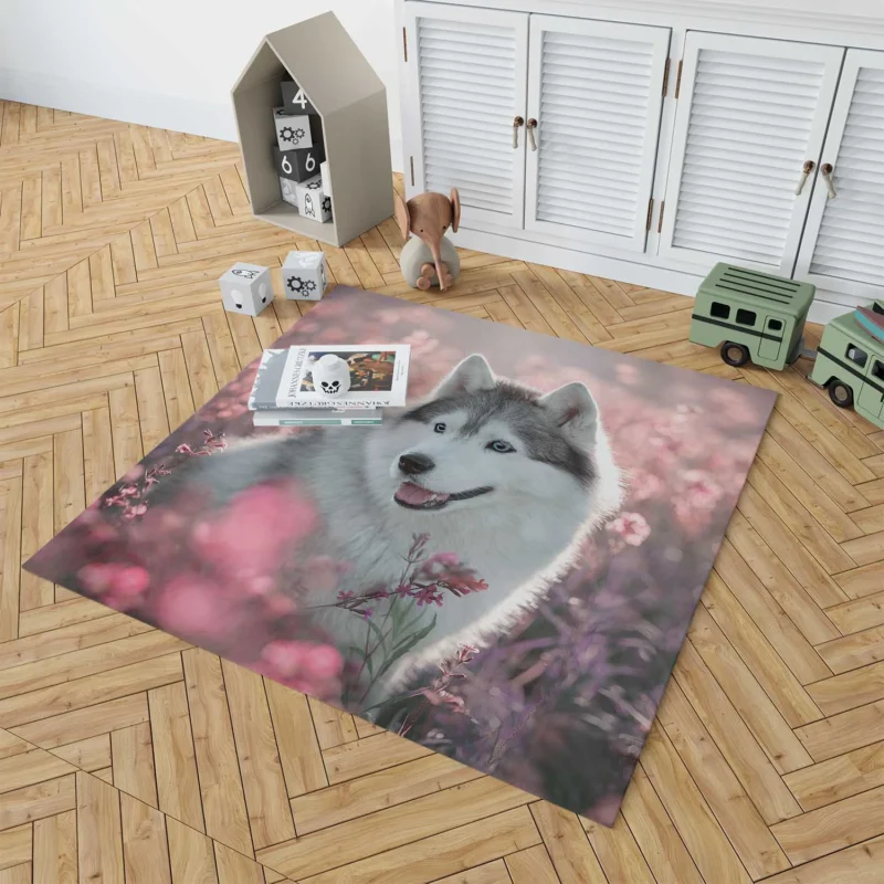 Quadruple Canine Charm: Husky Field Flowers Floor Rug 1