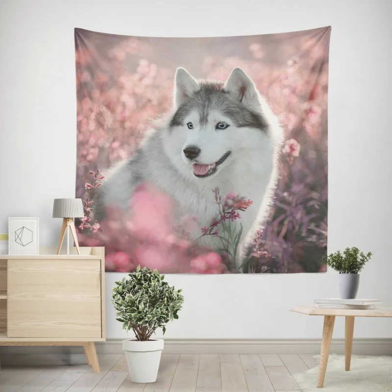 Quadruple Canine Charm  Husky Field Flowers Wall Tapestry