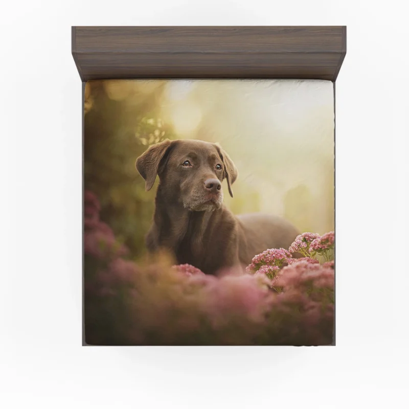 Quartet Charm: Chocolate Labrador in Pink Flowers Fitted Sheet