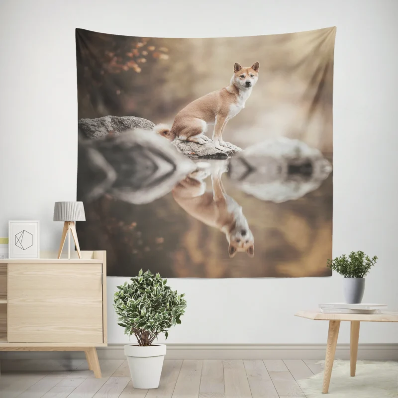 Reflecting Serenely  Shiba Inu Quartet Wall Tapestry