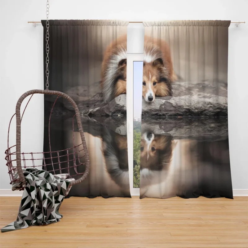 Reflecting in Tranquility: Shetland Sheepdog Quartet Window Curtain