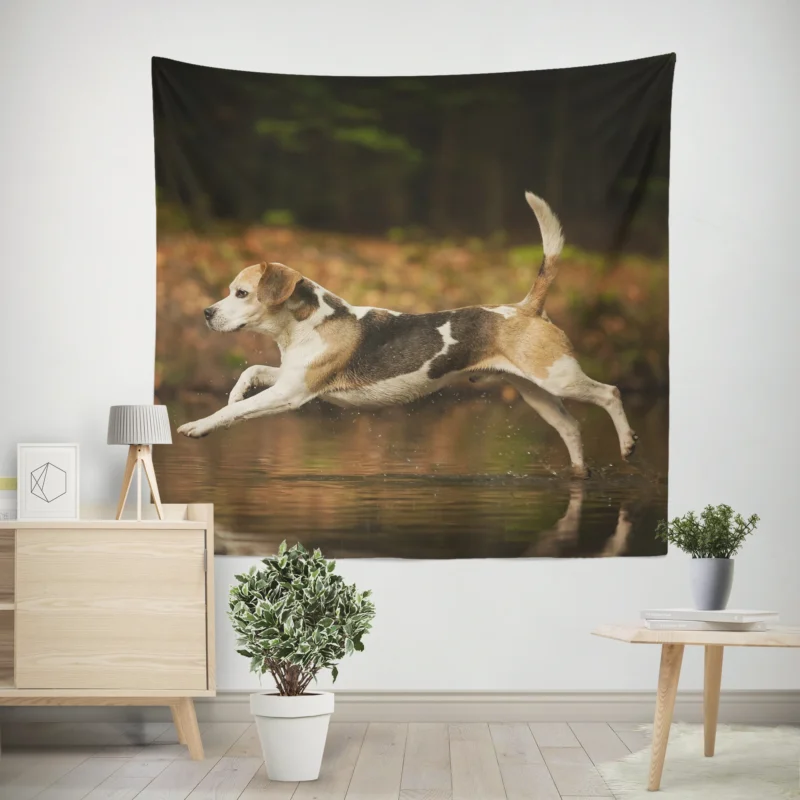 Reflective Canine Beauty in Water with Bokeh  Beagle Wall Tapestry