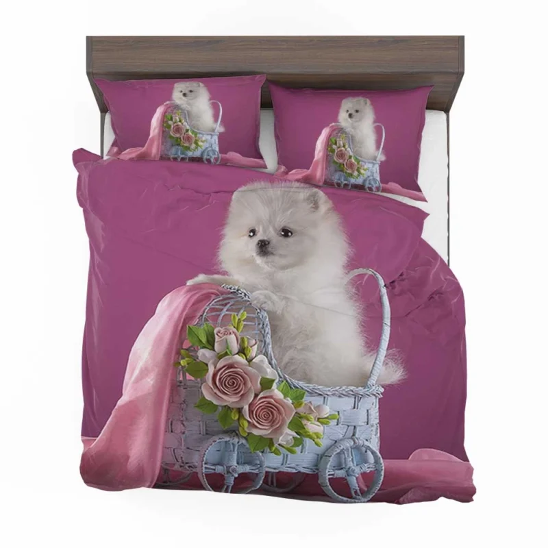 Rosy Moments: White Pomeranian Puppy Quartet Bedding Set 1