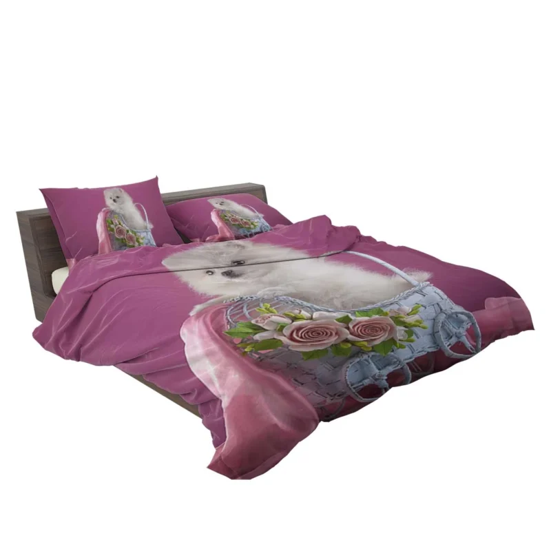 Rosy Moments: White Pomeranian Puppy Quartet Bedding Set 2