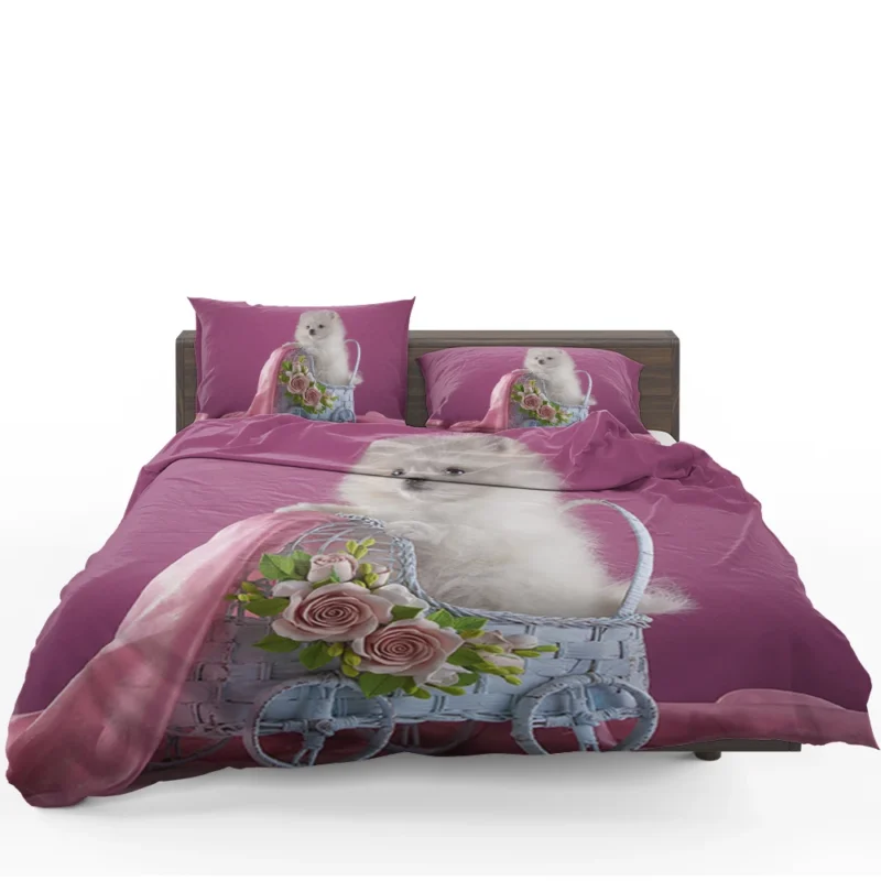 Rosy Moments: White Pomeranian Puppy Quartet Bedding Set