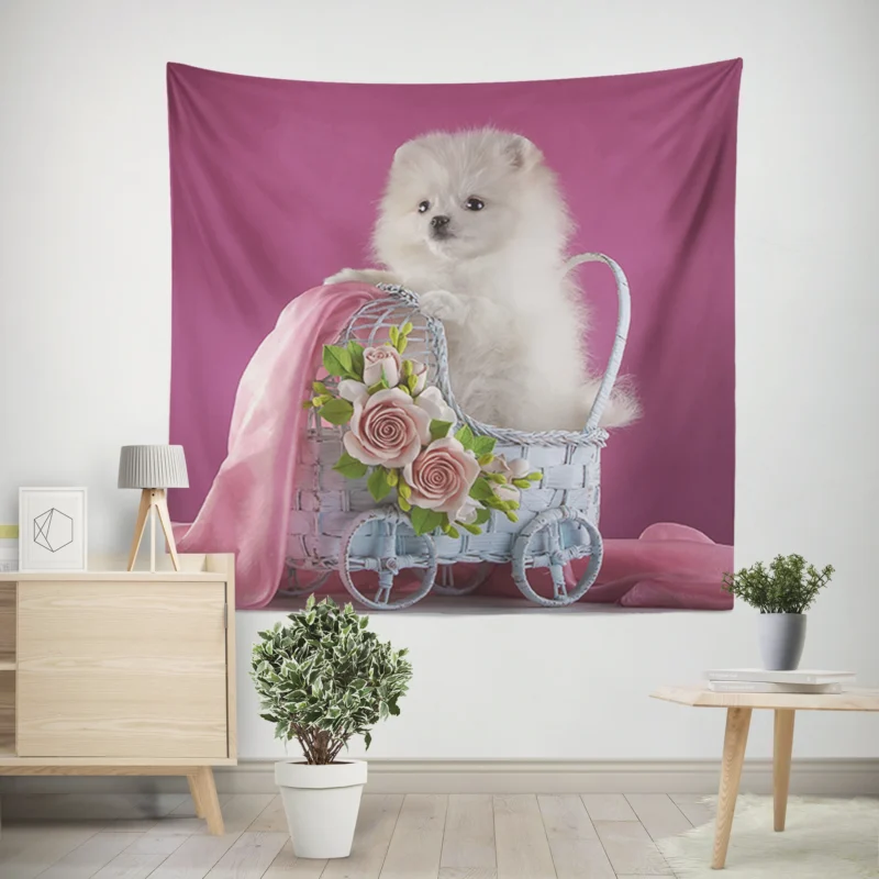 Rosy Moments  White Pomeranian Puppy Quartet Wall Tapestry