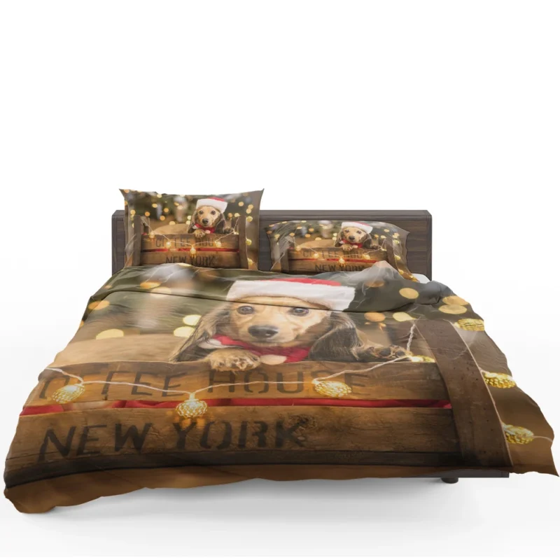 Santa Hat Dachshund Pup in a Box: Dachshund Quartet Bedding Set