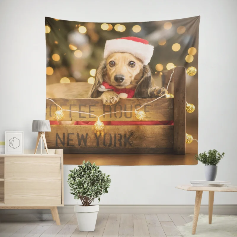 Santa Hat Dachshund Pup in a Box  Dachshund Quartet Wall Tapestry