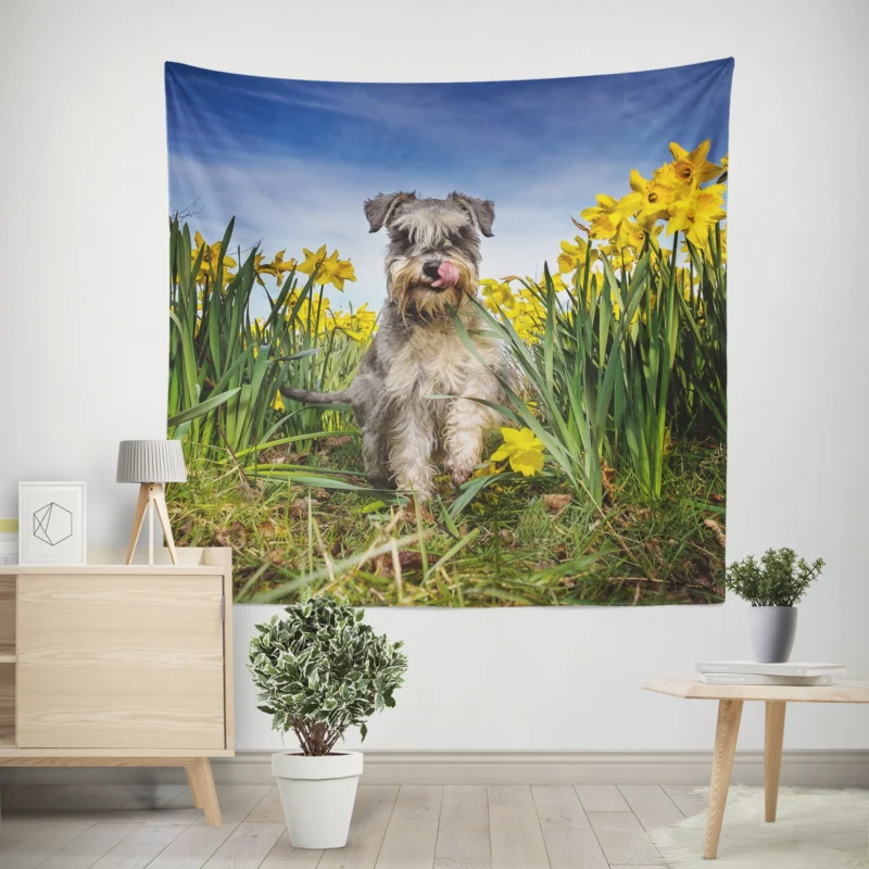 Schnauzer Quartet with Daffodils Wall Tapestry