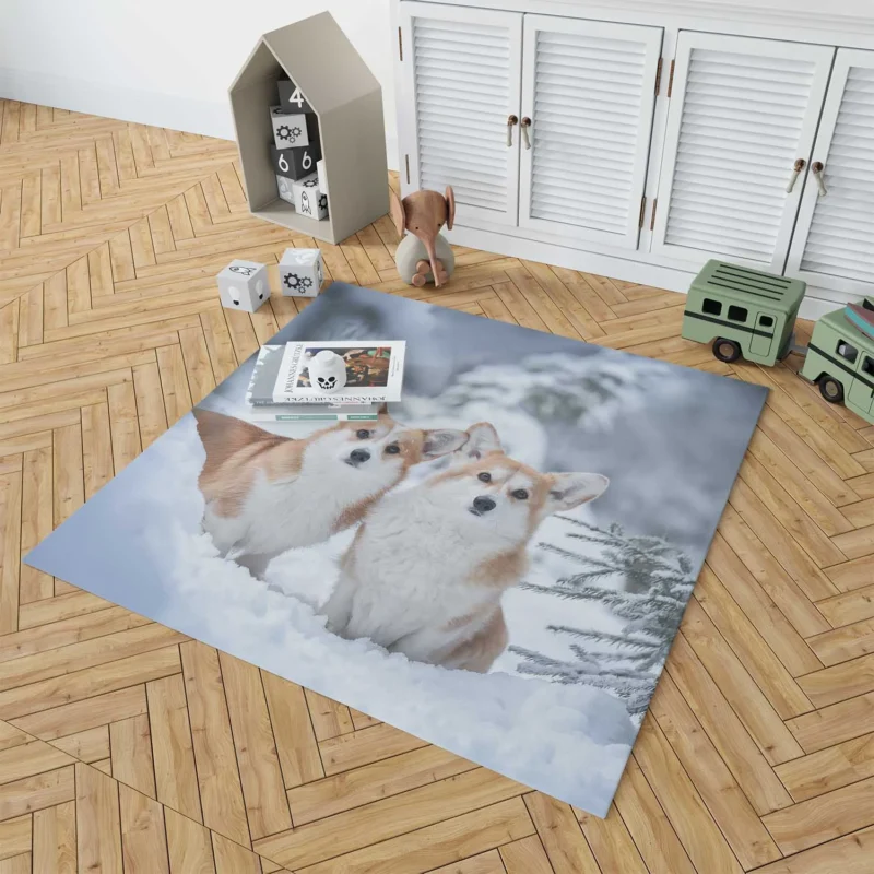 Snow Frolic: Corgi Quartet Floor Rug 1