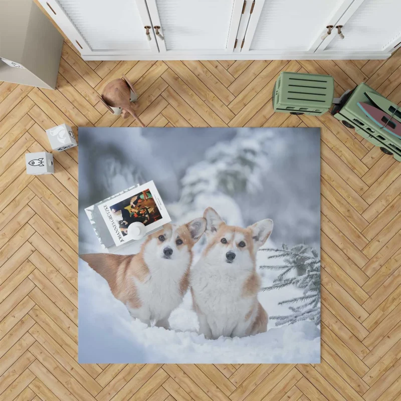 Snow Frolic: Corgi Quartet Floor Rug