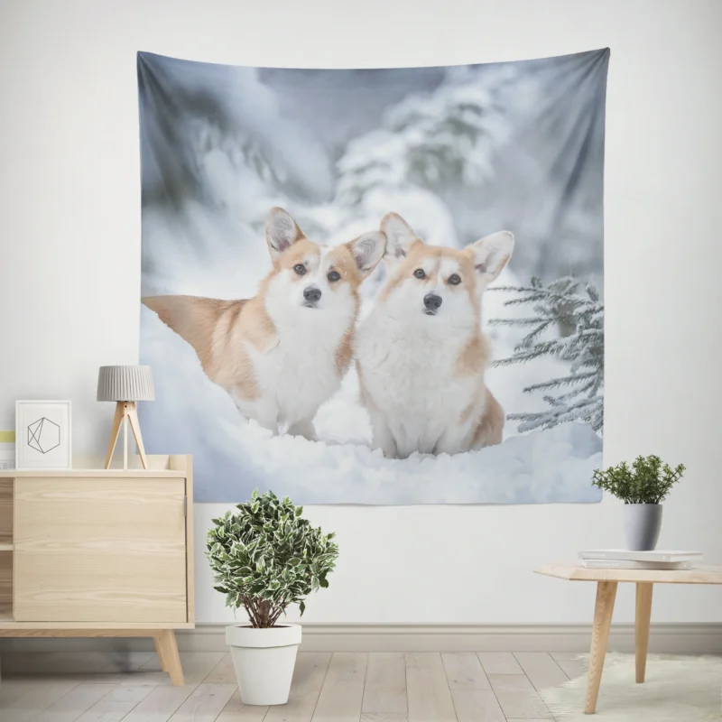 Snow Frolic  Corgi Quartet Wall Tapestry