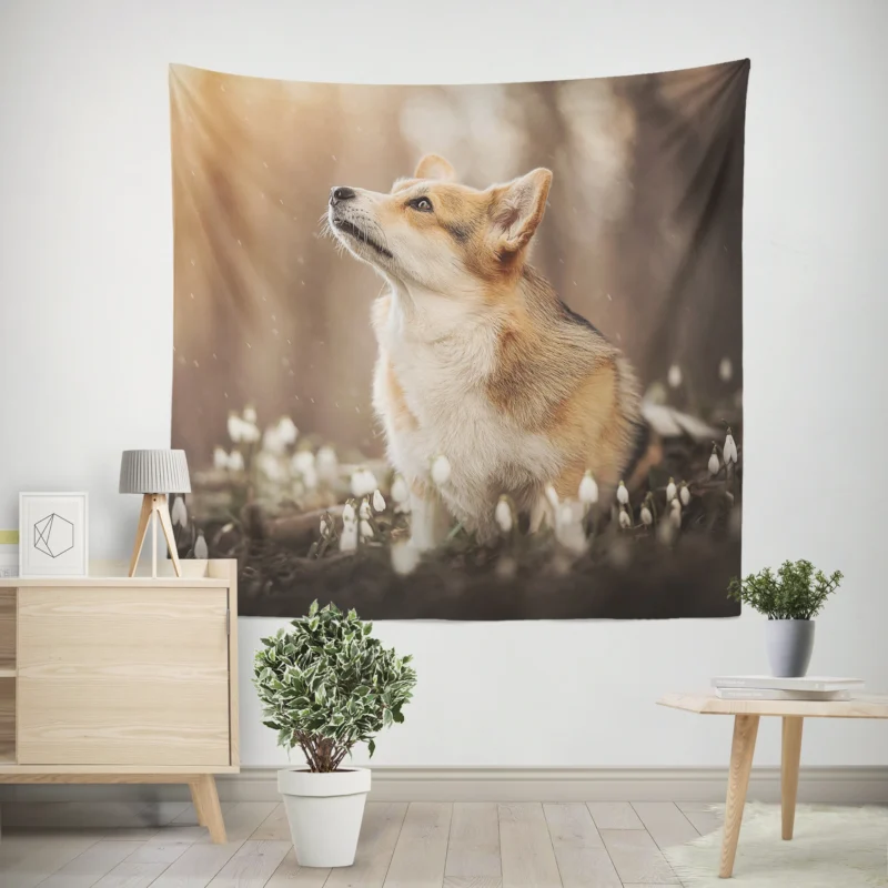 Snowdrop Frolic  Corgi Quartet Wall Tapestry