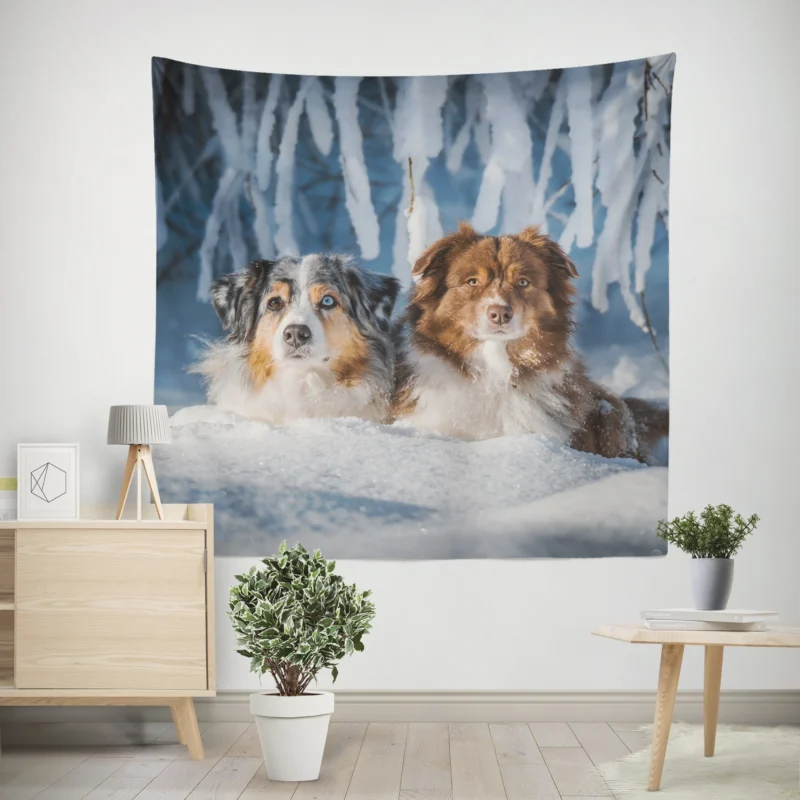 Snowy Adventures  Australian Shepherd Wall Tapestry