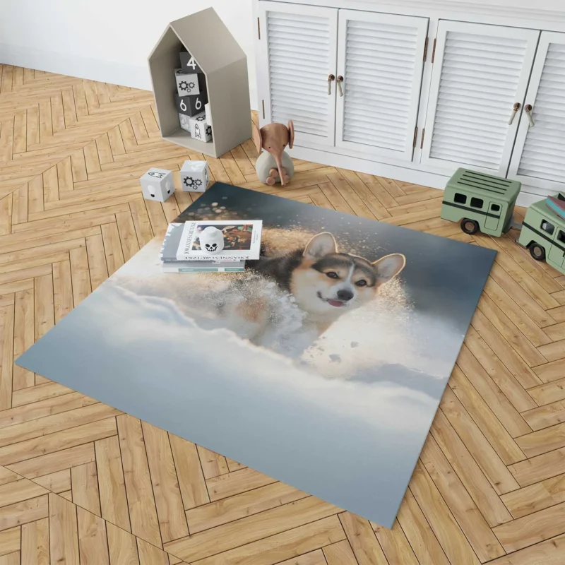 Snowy Adventures: Corgi in Winter Floor Rug 1