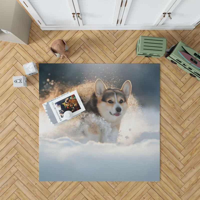 Snowy Adventures: Corgi in Winter Floor Rug