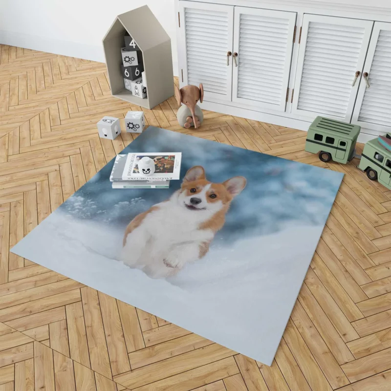 Snowy Adventures: Corgi in Winter Snow Floor Rug 1