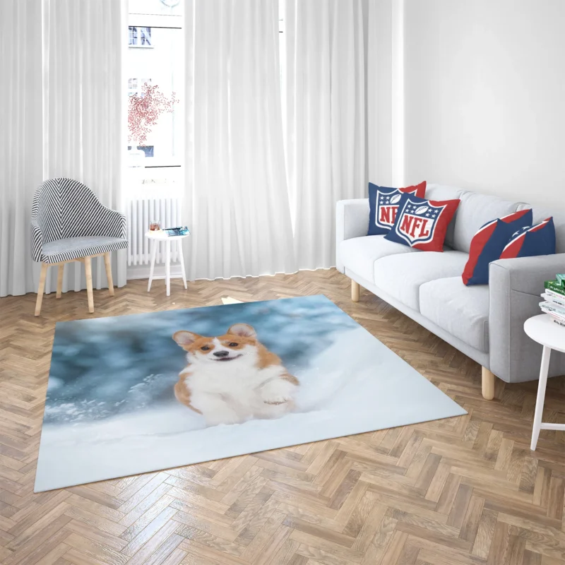 Snowy Adventures: Corgi in Winter Snow Floor Rug 2