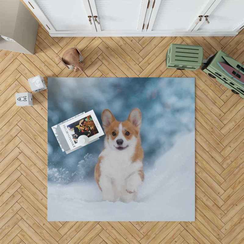 Snowy Adventures: Corgi in Winter Snow Floor Rug