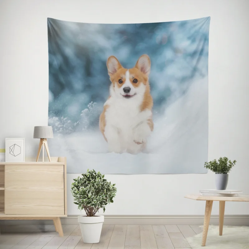 Snowy Adventures  Corgi in Winter Snow Wall Tapestry